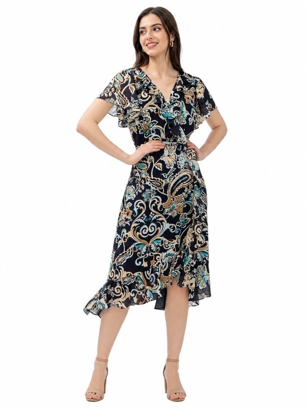 Chico’s Paisley Faux Wrap Midi Dress Size 4 XXL/20 Short Sleeve High-Low Hem